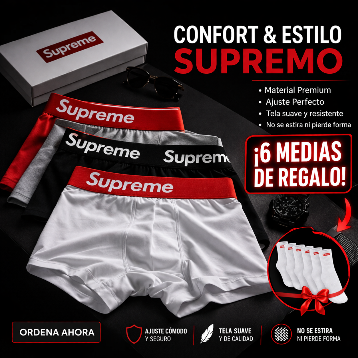 6 Bóxers Supreme Premium + 6 Pares de Medias de Obsequio| Calidad Premium